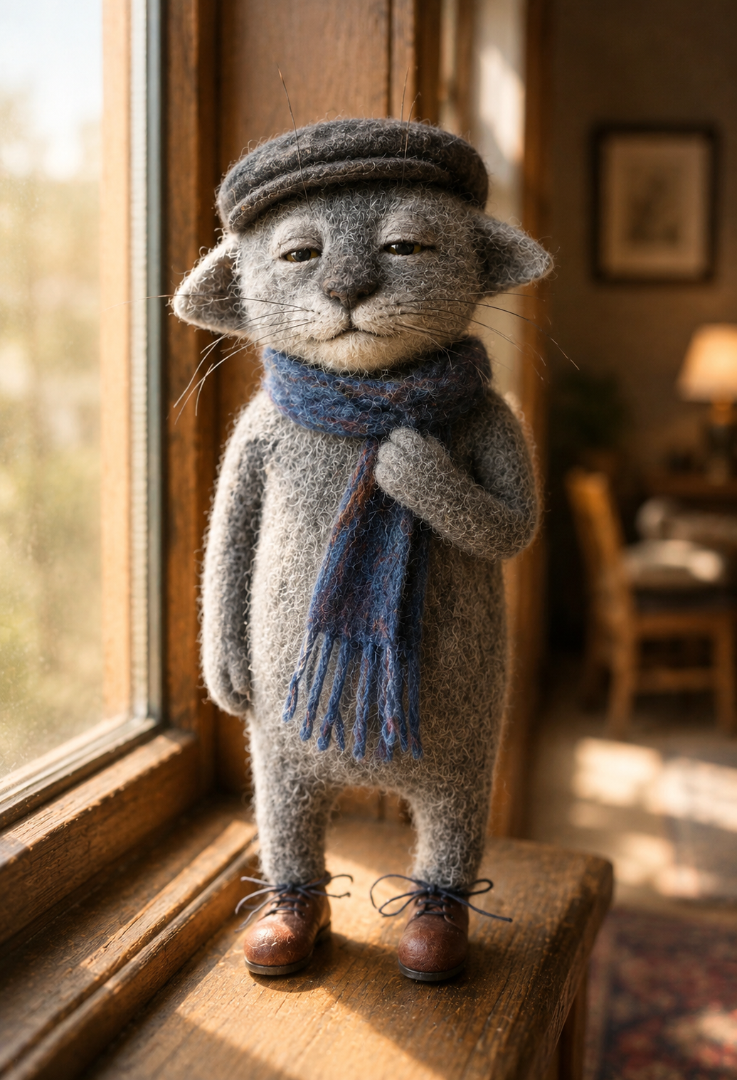 portrait of peano, a needle-felted grey wool cat in a blue scarf
